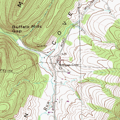 Topographic Map of Milligans Cove Christian Church Cemetery, PA