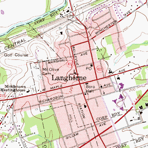 Topographic Map of Langhorne Methodist Churchyard, PA