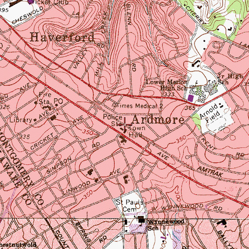 Topographic Map of Lower Merion Police Department, PA