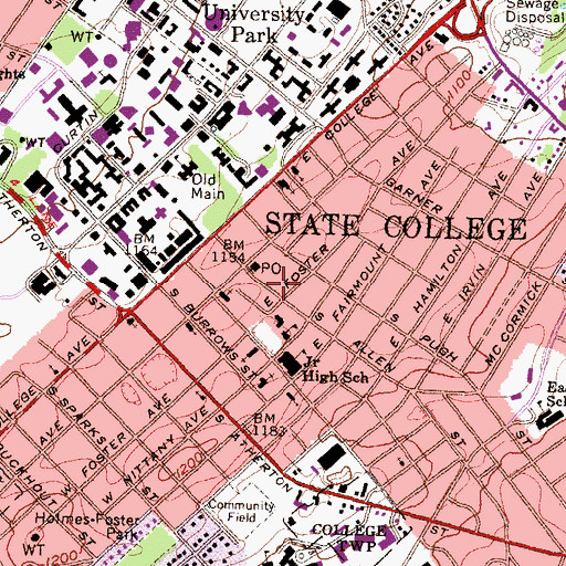 Topographic Map of State College Police Department, PA
