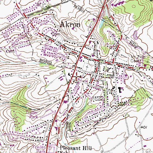 Topographic Map of Akron Borough Police Department, PA