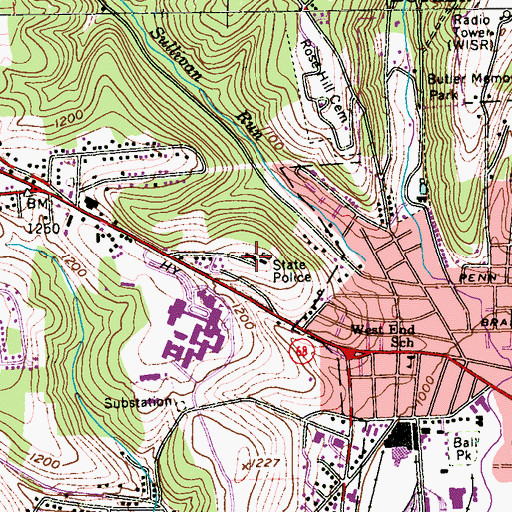 Topographic Map of Pennsylvania State Police Troop D Headquarters and Butler Station, PA