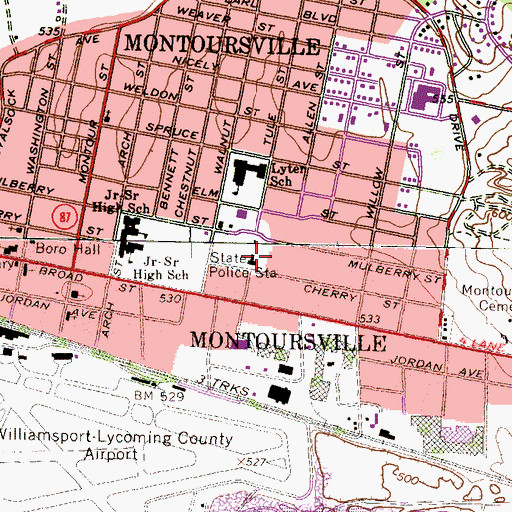 Topographic Map of Pennsylvania State Police Troop F Headquarters and Montoursville Station, PA