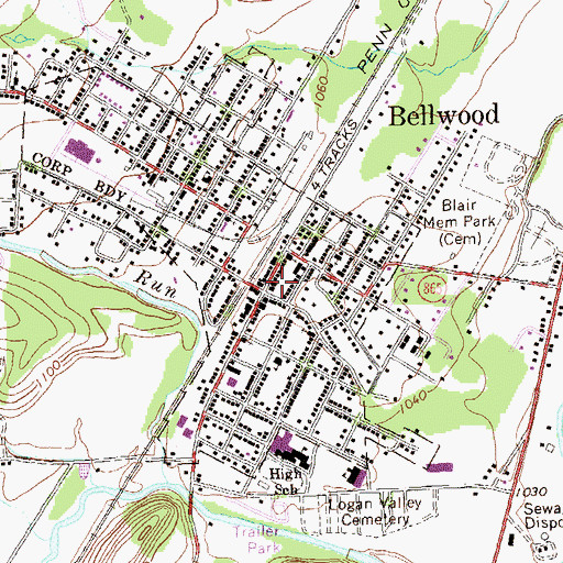 Topographic Map of Bellwood Post Office, PA