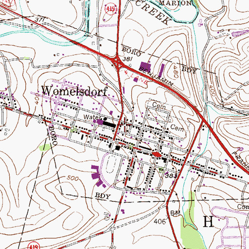 Topographic Map of Womelsdorf Post Office, PA