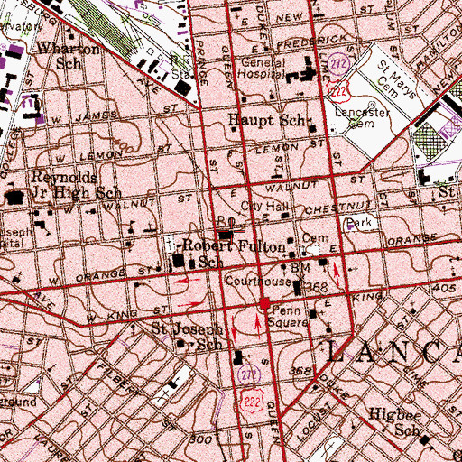 Topographic Map of Downtown Lancaster Post Office, PA