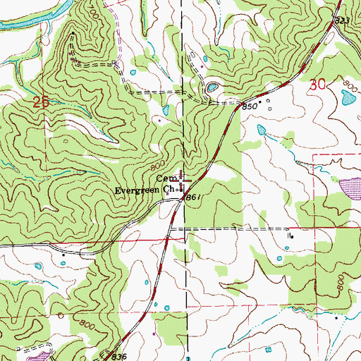 Topographic Map of Evergreen Cemetery, MO