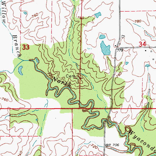 Topographic Map of Hixon Cemetery, MO