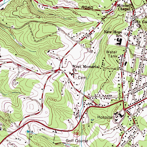 Topographic Map of West Memorial Church Cemetery, NC