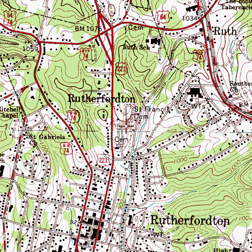 Topographic Map of Rutherfordton City Cemetery, NC