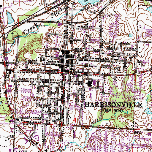 Topographic Map of Harrisonville Post Office, MO