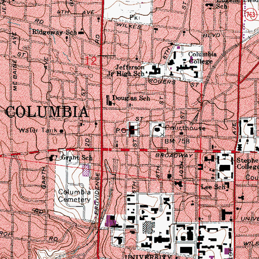 Topographic Map of Columbia Post Office, MO