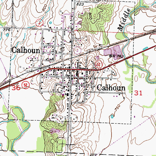 Topographic Map of Calhoun Post Office, MO