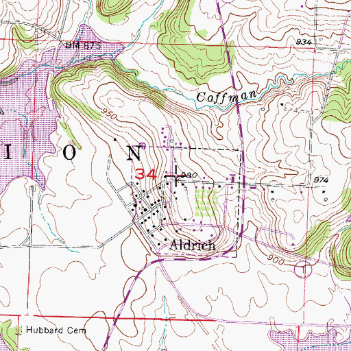 Topographic Map of Aldrich Post Office, MO