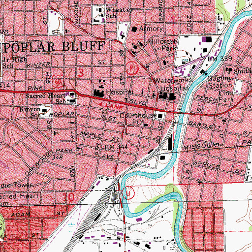 Topographic Map of Poplar Bluff Post Office, MO