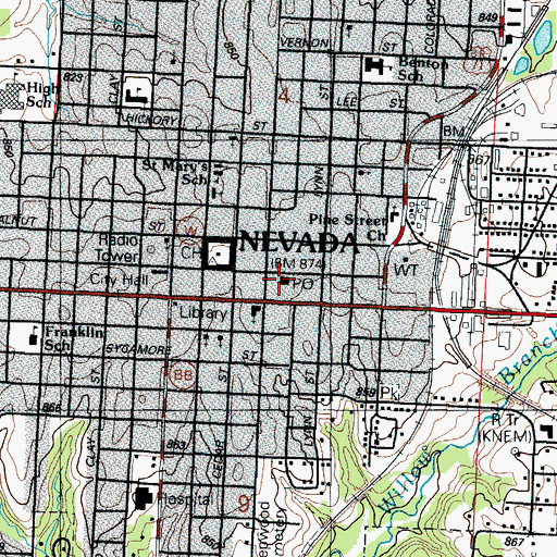Topographic Map of Nevada Post Office, MO