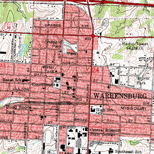 Topographic Map of Warrensburg Post Office, MO