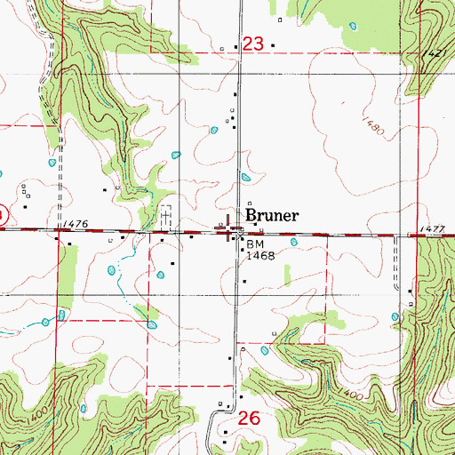 Topographic Map of Bruner Post Office, MO
