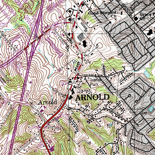 Topographic Map of Arnold Post Office, MO