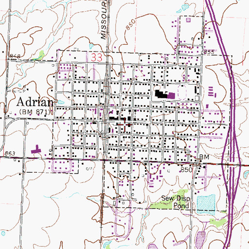 Topographic Map of Adrian Post Office, MO