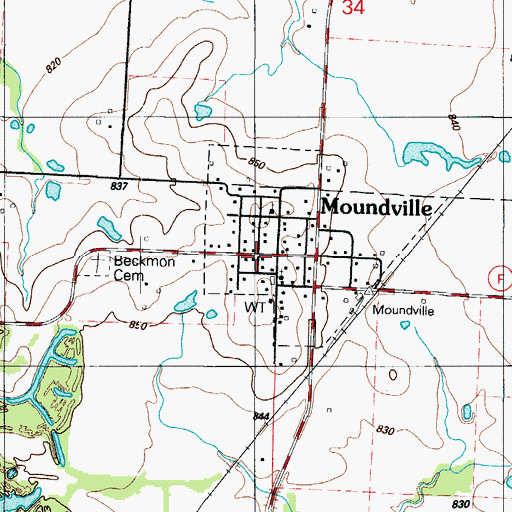 Topographic Map of Moundville Post Office, MO