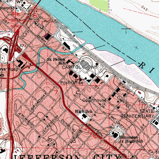 Topographic Map of Jefferson City Post Office, MO