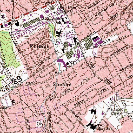 Topographic Map of Primos Secane Post Office, PA