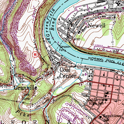Topographic Map of Coal Center Post Office, PA