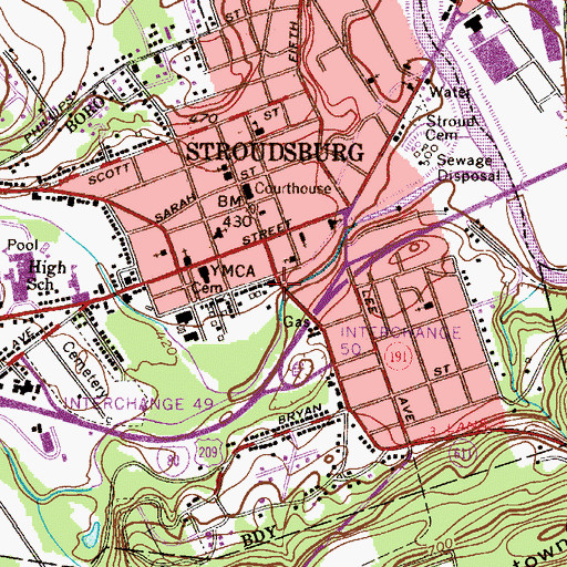 Topographic Map of Stroudsburg Post Office, PA