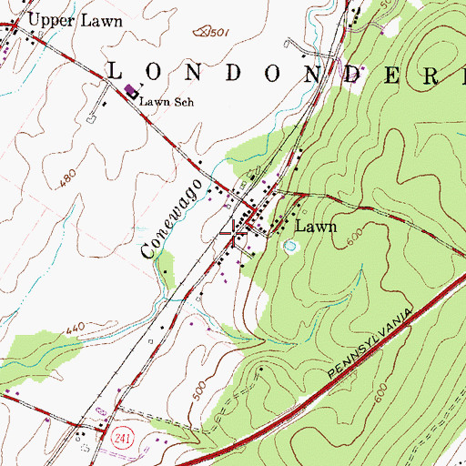 Topographic Map of Lawn Post Office, PA