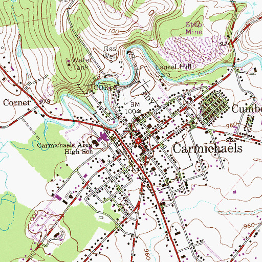 Topographic Map of Carmichaels Post Office, PA
