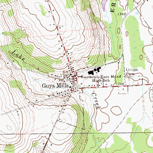 Topographic Map of Guys Mills Post Office, PA