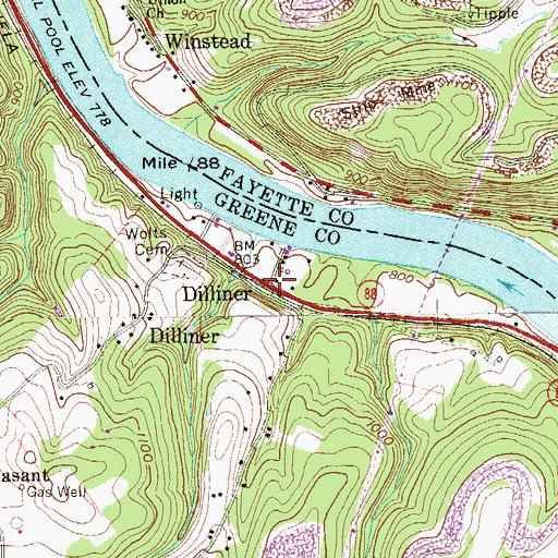 Topographic Map of Dilliner Post Office, PA