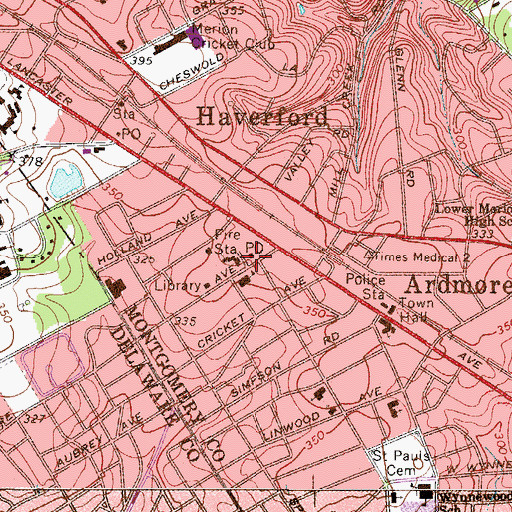 Topographic Map of Ardmore Post Office, PA