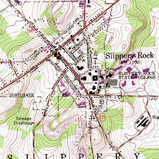 Topographic Map of Slippery Rock Post Office, PA