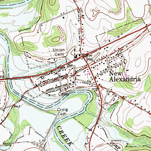 Topographic Map of New Alexandria Post Office, PA