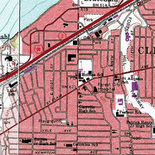 Topographic Map of Glenville Bratenahl Post Office, OH