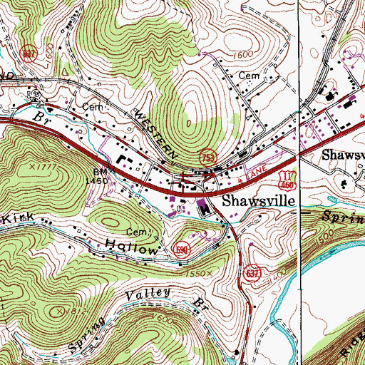 Topographic Map of Shawsville Post Office, VA