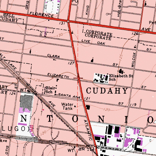 Topographic Map of Cudahy Post Office, CA