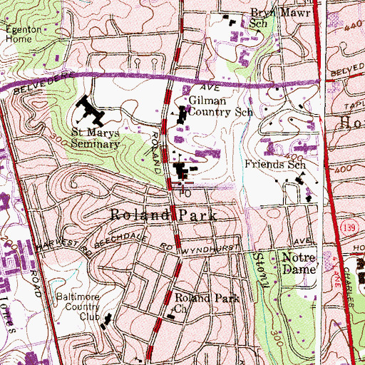 Topographic Map of Roland Park Post Office, MD