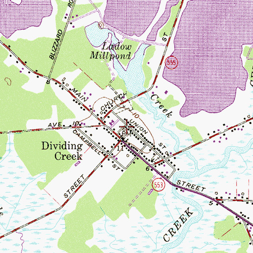 Topographic Map of Dividing Creek Post Office, NJ