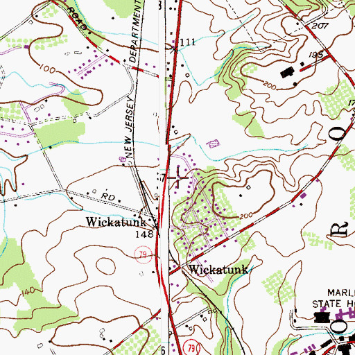 Topographic Map of Wickatunk Post Office, NJ