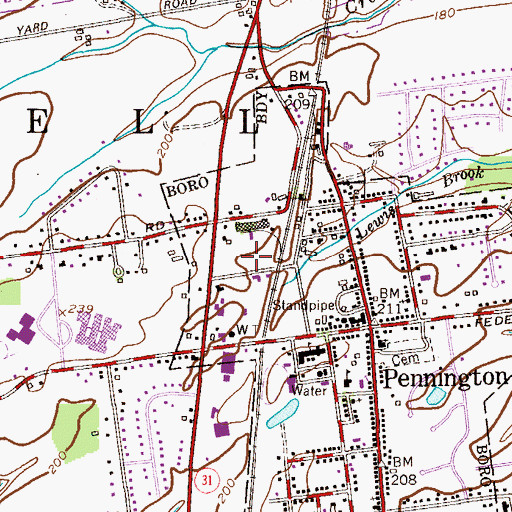 Topographic Map of Pennington Post Office, NJ