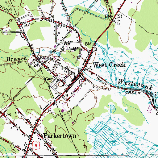 Topographic Map of West Creek Post Office, NJ