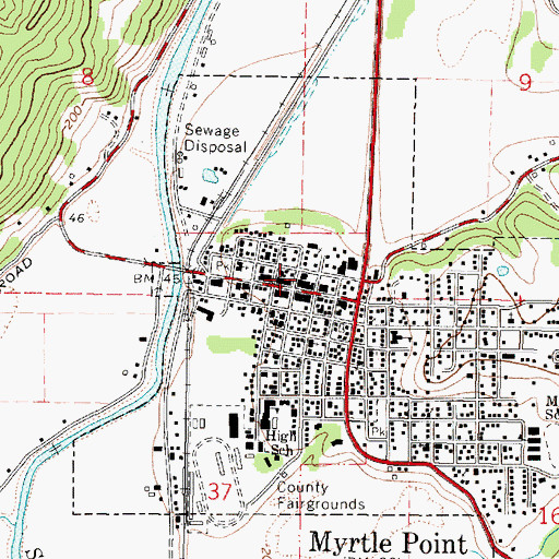 Topographic Map of Myrtle Point Post Office, OR
