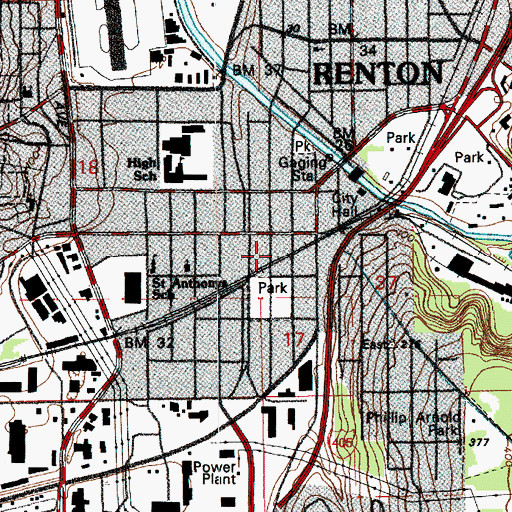 Topographic Map of Downtown Renton Post Office, WA