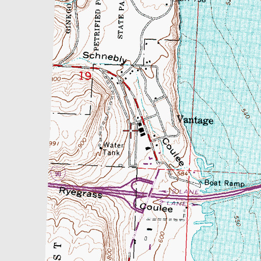 Topographic Map of Vantage Post Office, WA