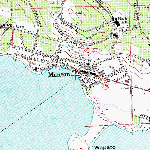 Topographic Map of Manson Post Office, WA