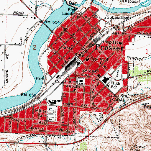 Topographic Map of Prosser Post Office, WA