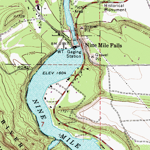 Topographic Map of Nine Mile Falls Post Office, WA